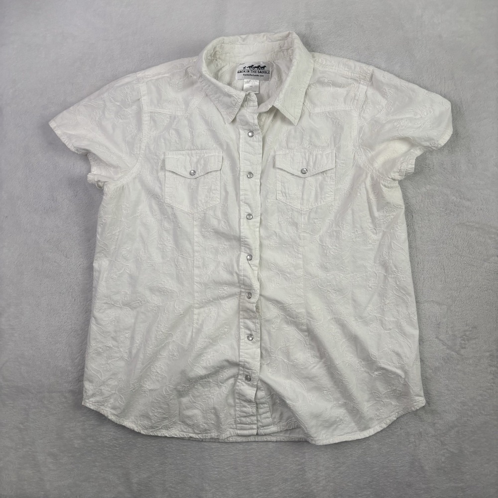 VTG Back In The Saddle White Textured Button Up Short Sleeve Shirt Women's LG